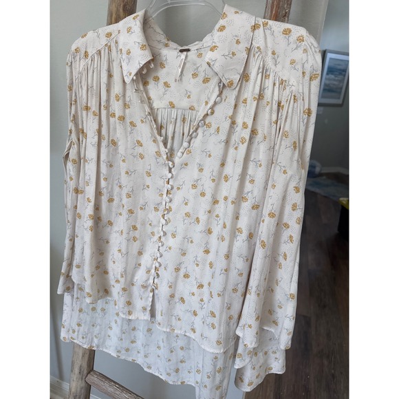 Free People Modern Muse floral tie-neck button-down blouse in cream/yellow‎ XS - Picture 10 of 10